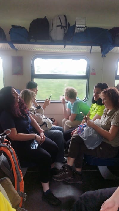 The image depicts the interior of a train carriage with several passengers seated and their luggage stored on overhead racks. On the left, a woman with dark curly hair is seated, wearing a dark top and black pants, with an orange and grey backpack next to her. To her right, another woman with blonde hair is wearing a light-colored jacket and jeans. A person with dark hair, possibly male, is seated behind them, looking at a mobile phone. Further to the right, a woman with short blonde hair, wearing a light blue t-shirt and tan pants, is also looking out the window. Next to her, a man with dark hair is wearing a bright green t-shirt and a neck pillow. On the far right, a woman with red hair, wearing a tan shirt, is looking at her phone. The train is moving, as indicated by the blurred view of green foliage outside the window. Luggage, including backpacks and bags, is visible on the overhead shelves. The environment suggests a journey, potentially on a commuter or intercity train. The presence of the city of Toksovo, Russia, is not directly depicted or implied by the visual elements within the image itself.