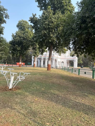 The image displays an outdoor scene in Vadodara, India, centered on the historic Nyay Mandir (Temple of Justice). The foreground features an expanse of mown grass, appearing somewhat dry with patches of green and some fallen leaves. To the left, a white, abstract metal sculpture, designed with multiple open circular or curved elements, is embedded in the grass, surrounded by loose brown soil or mulch.
A green metal fence with ornate diamond-patterned panels and a darker top rail spans the mid-ground, separating the grassy area from the paved path or road beyond. Behind the fence, the prominent Nyay Mandir stands as a large, multi-storied white building characterized by numerous arched windows, columns, and decorative trim in red, white, and green.
Several tall trees with dense green foliage are scattered throughout the scene, partially obscuring the building. Multiple tree trunks are visible, some painted white with a distinct red or orange band near their base. Beyond the fence line, to the left, red rectangular barriers are visible on what appears to be a paved road or pathway. The sky above is clear and light blue. No people are present, and no actions or interactions are discernible within the frame. The scene is illuminated by bright daylight.