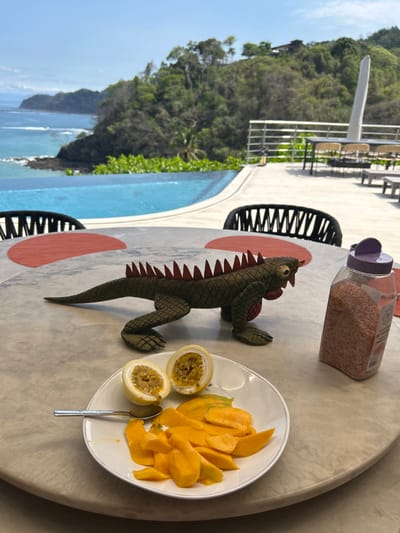 The image shows a table with a plate of sliced mango and passionfruit halves, a wooden iguana sculpture, and a small jar of pink Himalayan salt. Two chairs are partially visible in the background, as is a swimming pool with a view of the ocean and lush greenery. The scene is located in Playa Herradura, Costa Rica, at the coordinates 9.658 latitude, -84.673 longitude. The table is made of light-colored stone, and the background is a mix of the blue ocean, green vegetation, and the blue surface of the swimming pool. The scene suggests a relaxing and enjoyable meal in a beautiful location.