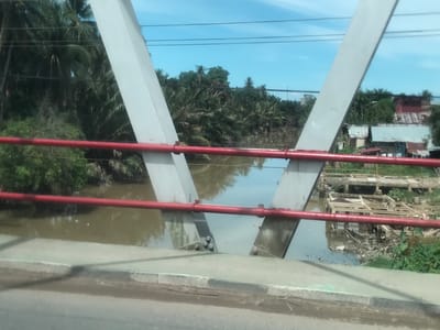 The image captures a daytime scene from a bridge crossing a muddy river or canal in Teupinbayu, Indonesia. In the immediate foreground, the grey concrete surface of the bridge is visible, with a distinct black and white striped curb. Two parallel red metal handrails stretch across the frame, leading the eye towards the middle ground.

Dominating the center of the image are two large, light grey, diagonal structural beams of the bridge, forming a prominent V-shape. These beams anchor to the bridge deck with visible bolts. Through this V-shaped opening, the brownish-green water of the river is seen, reflecting some of the surrounding foliage.

The left bank of the river is densely covered with lush tropical vegetation, primarily tall palm trees, likely coconut palms, and other green foliage. Above these trees, a clear blue sky with some faint clouds and several thin power lines are visible.

On the right bank, the landscape suggests human settlement. Simple structures, possibly houses or shacks, with corrugated metal roofs are nestled among trees. Near the water's edge on this side, there are several dilapidated wooden structures, appearing as frames or foundations, along with visible debris and trash in the water and on the bank.

No people are present in the image. The time of day is clearly daytime, characterized by bright sunlight and a clear sky. Faint graffiti or markings are visible on the grey diagonal beams; on the right-hand beam, some scribbled lines and what appears to be the word "DUMMY" are faintly discernible. The scene depicts a tropical environment with a mix of natural lushness and signs of human presence and waste.
