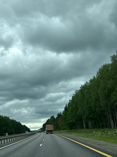 A perspective shot from a vehicle moving along a highway shows a cloudy sky and a dense forest on the right. The highway has multiple lanes, marked with white lines, and a yellow line delineating the shoulder. Several trucks are visible on the road, some further ahead and others in the immediate vicinity. On the left side of the highway, a metal guardrail runs parallel to the road. The forest consists of various trees, with some appearing to be birch trees due to their white bark. The ground alongside the highway is covered with grass and small white wildflowers. The sky is overcast with heavy, dark clouds, suggesting impending rain or a stormy atmosphere.
