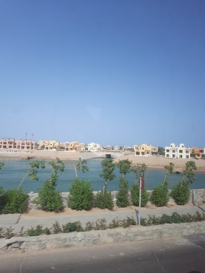 The image shows a view of a canal in El Gouna, Egypt, lined with buildings and greenery. The sky is clear and blue. The architecture consists of multi-story buildings in beige, white, and brown hues, set along the canal's edge. Palm trees and other green vegetation separate the buildings from the water. There's a walkway or road adjacent to the canal, separated by stone walls. The image seems to have been taken from a slightly elevated position.
