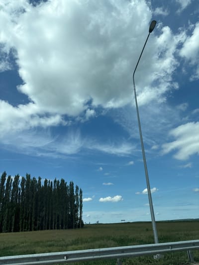 The image captures a bright, partly cloudy day with a vast expanse of blue sky dotted with white cumulus and wispy cirrus clouds. In the foreground, a silver metal guardrail runs horizontally across the bottom of the frame. Beyond the guardrail, a grassy field transitions into a dense line of tall, dark green trees on the left side of the image. A tall, slender silver street lamp with a dark lamp head is positioned to the right of the trees, angled upwards against the sky. In the distance, the landscape is open and flat, with more fields and what appear to be distant structures or oil pumps visible on the horizon. The scene is an outdoor landscape, possibly along a road or highway. It is not possible to determine the specific location in the city of Ishly, Russia, from the image alone. There are no people or animals visible in the image.