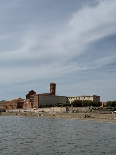 The image shows a coastal scene in Nettuno, Italy. The sky is filled with streaks of white clouds against a light blue background. Buildings line the beach, featuring varied architectural styles and colors, mostly in shades of brown and red brick, with some lighter colored structures. A tall brick tower is visible among the buildings. People are sparsely scattered along the sandy beach, with some appearing to be resting or interacting. A body of water, likely the Tyrrhenian Sea, fills the right side of the image. The buildings are separated from the beach by a narrow strip of greenery and a low stone wall.