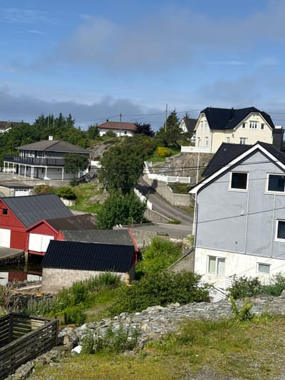 This is a photograph of a residential area in Tjeldstø, Norway, taken from an elevated perspective. The scene is dominated by several houses with distinct architectural styles, nestled on a rocky, tree-covered hillside. The houses feature various roof types, including black and dark gray shingles, and exteriors painted in white and light gray. Some homes have multiple stories, white railings, and large windows. A winding paved road with white railings along its edges snakes through the neighborhood, connecting the properties.
The landscape is lush with green trees and grass, indicating a temperate season, likely spring or summer. A stone wall runs along the right side of the image, covered in vegetation. The sky is predominantly blue with some wispy clouds, suggesting it is daytime, possibly late morning or afternoon given the sunlight casting shadows. No people are visible in the image. The overall mood is serene and picturesque, showcasing a quiet, hilly coastal or fjordside community. No text is visible in the image.