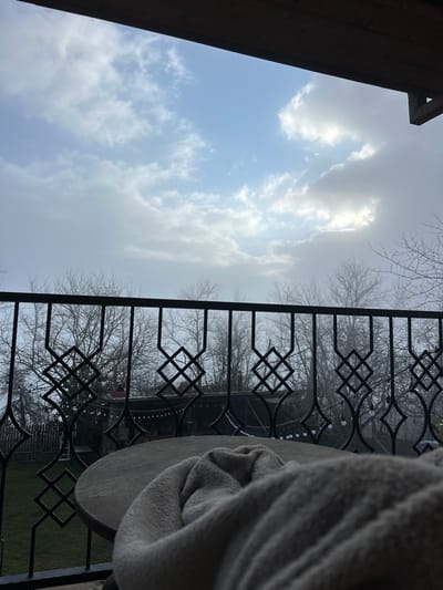 The image depicts an outdoor scene from a balcony or terrace in Sighnaghi, Georgia, under misty or foggy daytime conditions. In the immediate foreground, a beige or light brown blanket is rolled and placed on a round, dark-colored table, partially visible in the lower right. A black wrought-iron railing, featuring repeating geometric diamond patterns, spans the mid-ground. Beyond the railing, a dense arrangement of bare deciduous trees stands amidst a pervasive mist, creating a muted, cool atmosphere. Below the tree line, a dark building with a visible reddish chimney is present on the left, alongside a wooden fence and a patch of green grass. String lights with individual bulbs are strung horizontally across an outdoor area towards the right. The upper portion of the scene reveals a sky with a mixture of light blue patches and white to light gray clouds, with sunlight visibly breaking through the cloud cover in the upper right. No individuals are present within the frame.