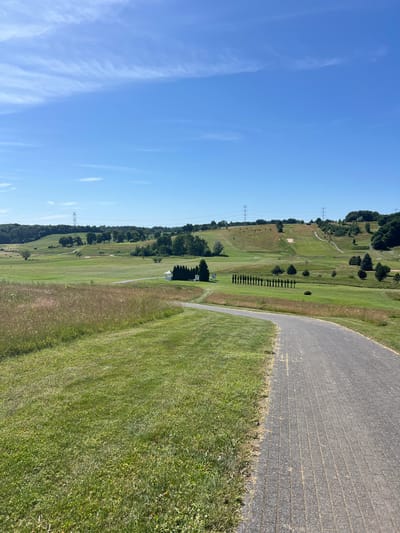 The image displays a vast, green landscape under a clear blue sky with wispy clouds. A paved pathway, possibly a road or a cart path, curves through the scene on the right side, bordered by lush green grass.

The landscape appears to be a golf course, with rolling fairways, sand traps, and scattered trees. Several power lines and transmission towers are visible in the distance, suggesting proximity to infrastructure. In the middle ground, a row of manicured trees creates a distinct line, and a small white building with a dark roof is nestled among the trees further back. The sunlight suggests it is daytime, likely morning or afternoon, with pleasant weather.

The image is captured from a slightly elevated, tilted perspective. There is no visible text within the frame. The overall impression is one of a serene, natural setting with man-made elements integrated into the environment.