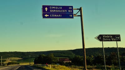 This media file is a photograph of a rural roadside scene in Razeni, Moldova. The main subjects are two directional road signs. The larger sign, mounted on a single pole, displays destinations and distances in Romanian: "CIMISLIA 38" with an upward arrow, "GIURGIULEȘTI 193" with an upward arrow, and "CĂINARI 19" with a leftward arrow. The smaller sign, also on a pole, is a dark brown arrow shape pointing left and indicates "2 Vinăria Doina Vin" with a stylized image of a wine glass and grapes on the right side.
The setting is a landscape with rolling hills covered in green vegetation, likely forests and fields. A road, paved and with a yellow dividing line, curves into the distance. On the right side of the road, there is a ditch with tall grass and some trees. In the background, a cluster of houses with red roofs is visible nestled among the trees on a hillside.
The time of day appears to be late afternoon or early evening, suggested by the warm, soft light and the clear, pale blue sky with a slight gradient towards yellow at the horizon. The weather seems clear and calm. The overall mood is peaceful and serene, evoking a sense of travel through a scenic countryside.