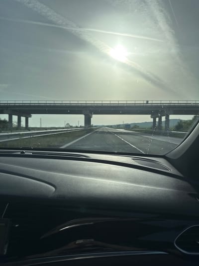 A car interior view shows a sunlit highway seen through the windshield, with a bridge structure visible in the distance. The location is inferred to be in or near Diadovo, Bulgaria. The dashboard is visible in the foreground.