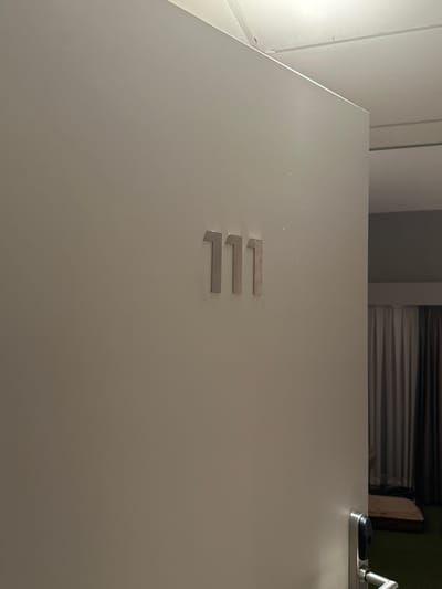 The image shows a close-up view of a door with the number "111" prominently displayed in silver, raised lettering. The door is a pale, matte color, possibly white or light grey. The lighting suggests an indoor environment, likely a hotel hallway, given the presence of a door number and a visible door lock mechanism on the right side of the frame. The door is slightly ajar, revealing a glimpse of a room beyond, where dark curtains and a mattress on the floor are visible. The ceiling is also visible at the top of the frame, with a bright light source creating a strong highlight along the edge of the door. The background details are indistinct and shadowed. There are no people or animals visible in the image. The scene is devoid of any obvious signs of distress or crime. The location in Méan, Belgium is not discernible from the visual information provided in the image.