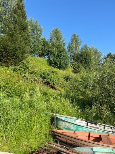 This image depicts a natural outdoor scene, likely in Kondas, Russia, on a clear day with a bright blue sky. In the foreground, two rowboats are resting on grassy terrain. The upper boat is painted green and appears somewhat weathered, with a black oarlock visible. Beneath it, a second boat, primarily orange and brown, is also resting on the ground.
The background is dominated by lush green vegetation, including a dense hillside covered in trees and various plants. A narrow, wooden staircase winds its way up the side of the hill, disappearing into the foliage. The overall impression is one of a serene, rural environment, possibly a lakeside or riverbank, with evidence of recreational activity in the form of the boats and the access path.