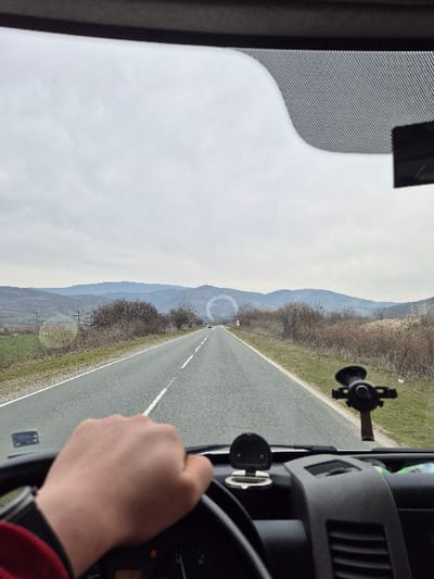 A first-person view from inside a vehicle depicts a rural two-lane asphalt road, stated to be in the city of Binkos, Bulgaria. A light-skinned left hand wearing a red-banded watch grips the black steering wheel in the lower left quadrant. The vehicle's dark gray dashboard includes a central air vent and a folded black device, likely a phone holder, mounted near the windshield. Another black, suction-cup mounted accessory is affixed to the windshield on the right. The road features a broken white center line and solid white shoulder lines, extending into the distance where a small white vehicle is visible. Dry, sparse deciduous trees and brown scrub vegetation line both sides of the road, with green fields present on the left. Distant hills or mountains, partially vegetated, form the horizon under an overcast, uniformly gray sky. Two prominent circular lens flares are visible on the windshield, one over the road and another near the distant horizon.