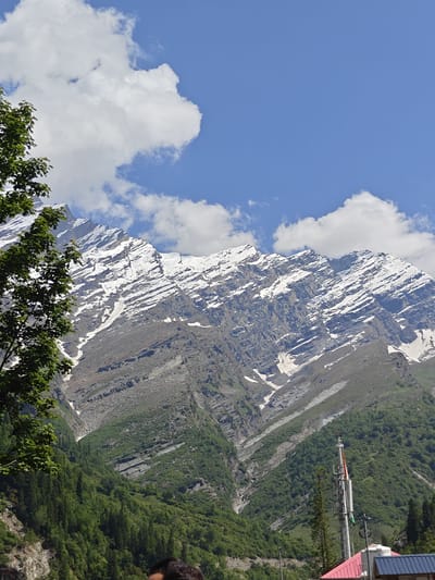 A vertical, eye-level, outdoor, full shot captures a majestic snow-capped mountain range under a bright blue sky with scattered white clouds in Burwa, India. In the foreground, a lush green tree with abundant foliage occupies the left side of the frame, partially obscuring the mountain. The mountains themselves display rugged, rocky terrain with distinct layers of snow and scree. The slopes are covered in dense green vegetation in the lower sections, gradually giving way to rocky and snow-covered peaks at higher altitudes. A tall, silver telecommunications tower with an orange and white top stands prominently on the right side of the frame, partially in front of the mountain, with a red-roofed structure visible below it. The sky is clear and vibrant blue, with puffy white clouds adding depth and texture to the scene. The overall impression is one of natural grandeur and a hint of human presence with the telecommunications tower and building.