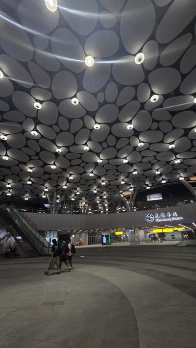 The image depicts the interior of Kaohsiung Station in Kaohsiung, Taiwan. The ceiling is a prominent architectural feature, designed with an intricate pattern of large, overlapping oval shapes against a dark background. Small, circular lights are strategically placed within these shapes, casting a warm glow and creating a striking visual effect, especially with the lens flare from the lights.

The ground level of the station features a wide, open concourse paved with large, light-colored tiles arranged in a pattern of concentric arcs. In the middle ground, there is an escalator on the left side, leading upwards to a mezzanine level. This level is lined with glass-fronted shops and illuminated signage. Above the concourse area, a large sign with Chinese characters and the English text "Kaohsiung Station" is clearly visible, indicating the location.

In the foreground, three young men are walking across the concourse, facing away from the camera. They are casually dressed; one wears a black t-shirt and shorts, another a blue t-shirt and shorts, and the third a white t-shirt and shorts. Their postures suggest they are engaged in conversation or simply moving through the station. The lighting in the image is primarily artificial, with the ceiling lights and illuminated signs creating a well-lit but somewhat dim atmosphere typical of an indoor public space at night. The overall impression is one of modern, functional architecture with an artistic touch.