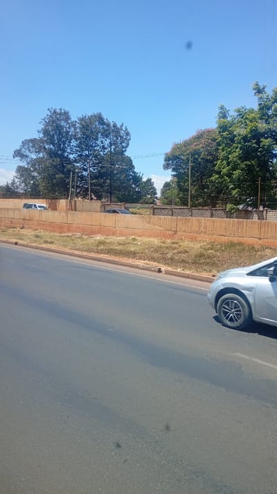 An eye-level shot captures a road with a silver car partially visible in the right foreground. Beyond the road, a concrete barrier rises, topped with sparse grass and trees in the background. Two vehicles are parked behind the barrier. The sky above is clear and blue, with trees of varying shades of green framing the scene. A dark blemish mars the clear sky.
