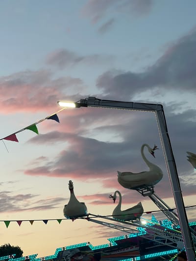 In Golubitskaya, Russia, a swan-themed amusement park ride is pictured against a backdrop of a dusky sky painted with hues of pink and lavender. A bright LED street lamp illuminates the scene, casting a cool white glow. Dangling below the lamp are small, colorful triangular flags in green, blue, and pink. Two swan-shaped ride vehicles are visible, one positioned higher and further back, appearing empty, and another closer and lower, also empty. Both swan vehicles are white and have a sculpted form. The ride structure itself is metallic and intricate, adorned with numerous bright green lights. A hint of a tree and a person's face are barely visible at the bottom edges of the frame. The overall ambiance suggests an evening at an amusement park, possibly during twilight.