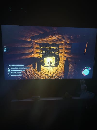 The scene, photographed in Novi Pazar, Bulgaria, depicts a dimly lit room primarily illuminated by a television screen displaying a video game. The game shows a first-person perspective within a rustic indoor environment, constructed from rough-hewn logs and stone. A central fireplace contains a bright, active fire, casting warm orange and yellow light across the wooden plank floor and the surrounding log walls. In the upper left corner of the screen, three circular user interface elements display player identifiers: "cow," "lzgustaciq," and "Nixavi." Below these, a list of in-game objectives is present: "GATHER HALF PLANKS 0/3," "GATHER THREE QUARTER PLANKS 0/2," "GATHER ANIMAL HIDES 2/6," "GATHER PLANKS 0/2," and "GATHER STICKS 6/21." On the right side of the screen, a circular graphical interface shows a map or status wheel with a small character icon at its center, surrounded by additional smaller icons. Two elongated, pointed objects, consistent with spears or tools, lie on the game's floor. Below the television, a dark, flat surface, resembling a shelf or table, holds a dark cylindrical object on the left, a light-colored object resembling a hat in the middle, and a white plush bunny toy with prominent ears positioned on the far right. Faint green light sources or reflections are visible in the dark space above the television screen.