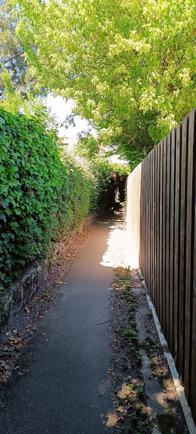 The image depicts a narrow paved pathway, bordered by a dense, green ivy-covered wall on the left and a wooden fence on the right. The pathway leads into a shaded area with dense foliage and trees overhead, creating a tunnel-like effect. Sunlight streams through gaps in the trees, illuminating sections of the pathway. Fallen leaves are scattered along the edges of the path. The environment appears to be an outdoor walkway, possibly in a residential area or a park. The scene is devoid of any people or animals. The lighting suggests it is daytime, with the sun casting distinct shadows. The location is identified as Winnenden, Germany.