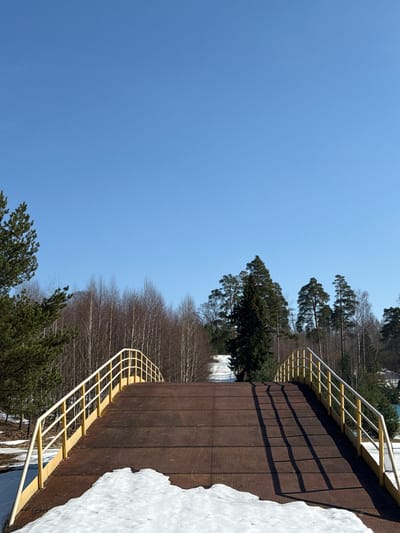 The image displays a pedestrian bridge situated in a forested area of Oleshkovo, Russia, under a clear, light blue sky. The bridge features a dark brown, horizontally ribbed deck, likely constructed from metal or a composite material, with light yellow-painted metal railings on both sides. Shadows from the right-side railing are cast diagonally across the bridge deck, indicating direct sunlight from the left. Patches of melting snow are visible on the ground in the immediate foreground, at the base of the bridge, and on the path extending uphill beyond it. The surrounding environment consists of a mixed forest: tall, dark green evergreen trees are present on the left and right sides, while a dense line of slender, bare deciduous trees forms the background. No people or animals are present.