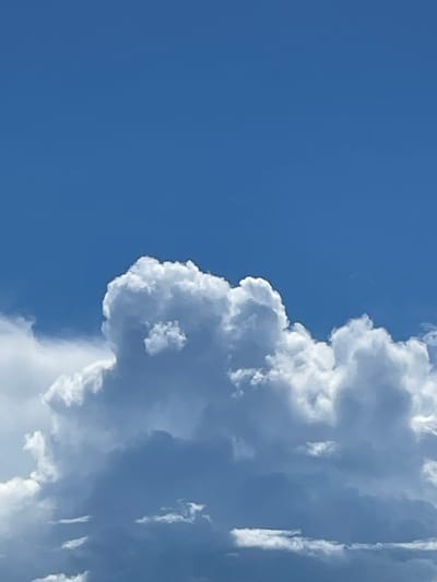 The image is a close-up of a bright blue sky with large, fluffy white clouds. The clouds are primarily located in the lower half of the frame, with their tops reaching up towards the center. The lighting suggests it is daytime, with the sun illuminating the clouds from above, creating bright highlights and shadowed areas. There are no people, buildings, or other objects visible in the frame. The image depicts a natural sky scene. There is no indication of the city of Petrushenko, Russia.