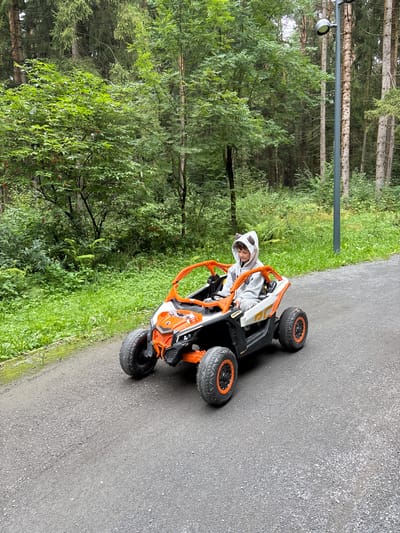 A child, wearing a gray hooded jumpsuit with bear ears, sits in an orange and black ride-on toy vehicle. The vehicle has four wheels with orange rims and is on a gravel path. The path is bordered by lush green grass and dense trees on the left, and a gray utility pole with a light fixture stands on the right. The background consists of a forest with tall, slender trees. The scene appears to be outdoors in a natural setting, possibly a park or wooded area.