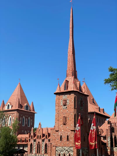 The image shows a bright red brick castle with multiple pointed towers and a tall, slender spire topped with a small red flag. The castle is constructed with a mix of red brick and rough stone accents. Several red flags with crests and text are displayed on poles in front of the castle. The castle has numerous arched windows with dark panes and small dormer windows on the roofs. The sky is a clear, bright blue. To the right, a green tree is partially visible. The castle appears to be a tourist attraction or historical site. The location is identified as Litvensky Rural Council, Belarus.