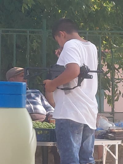 The image depicts an outdoor scene in Kostievo, Bulgaria, featuring two males and a market-like stall setup under bright daylight.
In the foreground, a young male, viewed from behind and slightly to his right, is prominently featured. He has short, dark hair and is wearing a white short-sleeved t-shirt and blue jeans. He holds a black rifle-like object, consistent with a toy or replica firearm, with both hands, positioned across his torso. His gaze is directed downwards towards the object. A large, light-colored container with a blue lid partially obscures the lower left portion of the frame, including the lower half of this individual's legs.
Behind the foreground individual and slightly to the left, an older male is seated. He wears a light-colored flat cap and a plaid or checkered long-sleeved shirt. He is positioned behind a table or stall, on which a black crate filled with numerous green, round fruits (likely plums or similar produce) is visible. Other indistinct items are also present on the table to the right of the fruit.
The background consists of a green metal fence with horizontal and vertical bars, behind which dense green foliage and trees are visible, indicating a natural outdoor environment.