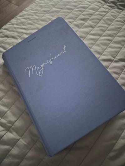 A flat lay photograph captures a light purple notebook on a quilted beige surface. The notebook is closed and positioned diagonally in the frame. A handwritten, cursive inscription in a lighter shade of purple adorns the front cover. The text, partially obscured, appears to read "Magnificent". In the lower left corner of the notebook's cover, a small logo with the text "BRAUBERG" is visible. The background is a soft, quilted fabric with diagonal stitching, creating a textured surface. The lighting suggests an indoor setting, likely daytime, with the light source casting soft shadows. No people are visible in the frame.