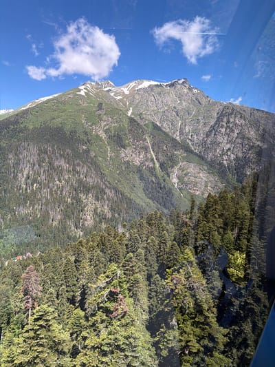 The image depicts a mountainous landscape with a dense evergreen forest in the foreground and midground. The forest gives way to a rocky, snow-capped mountain peak under a bright blue sky with scattered white clouds. The scene is likely taken from a cable car or elevated viewpoint, as indicated by a reflection on the right side of the image, possibly from glass. In the distance, a few buildings with red roofs are visible nestled among the trees on the lower slopes of the mountain. The overall impression is of a remote, natural environment, characteristic of the Dombay region in Russia, known for its Caucasian mountain scenery.