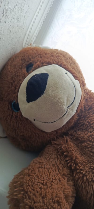 A close-up, slightly angled shot showcases a brown, plush teddy bear lying on a surface. The bear is positioned on its back, with its head tilted to the side and facing the camera. Its facial features are prominent: a light tan snout with a black nose, and a black, stitched mouth. One dark eye is visible, and a small, sparkly blue accent is noted near its ear. The teddy bear's fur appears soft and textured. The background is softly lit, with a white, textured wall on the left and a white, decorative element, possibly a windowsill or trim, along the top. The overall lighting suggests an indoor setting, possibly near a window. The image appears to be a personal photograph taken in a domestic environment, with no specific indicators of it being in Bulgakovo, Russia.