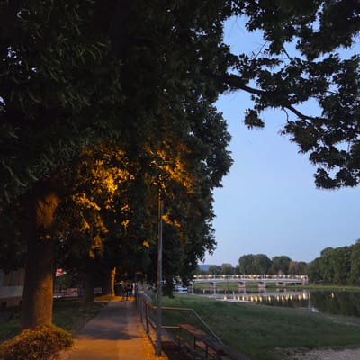 The image depicts a scene at dusk or twilight along a riverside promenade in Piešťany, Slovakia. On the left side of the image, a paved pathway runs alongside a row of large trees. One of these trees, prominently featured in the foreground, is illuminated by a warm yellow artificial light source, casting a glow on its trunk and the surrounding foliage. Beyond this tree, several other trees line the path, with some also catching the light. A few individuals, appearing to be young adults, are walking along the pathway in the distance, silhouetted against the lighter sky. A lamppost stands near the center of the pathway, also contributing to the ambient light.

The pathway is bordered by a metal fence and a grassy embankment. On the right side of the image, a body of water, likely a river, reflects the light from the scene. Across the water, a modern bridge with multiple arches and illuminated railings spans the river, creating a line of glowing reflections on the water's surface. The far bank of the river is lined with a dense arrangement of trees, some of which are taller and more prominent than others, suggesting a park or forested area. The sky is a pale blue, characteristic of dusk, with a hint of lighter hues near the horizon. The overall atmosphere is serene and peaceful, with the artificial lighting adding a touch of warmth to the natural twilight setting.