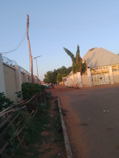 The image depicts a street scene in Gindi Nassarawa Kyarmi Galbi, Nigeria. A tall, weathered wooden utility pole stands prominently on the left side of the street, with electrical wires strung between it and other unseen points. Adjacent to the pole is a cream-colored wall topped with coiled barbed wire, suggesting security. Beyond this wall, the scene opens to a residential area.
The foreground on the left features a rough, wooden fence partially covered in green vegetation and some debris. The street itself is paved with asphalt, with a dirt shoulder on the left side. On the right side of the street, a large, pale yellow house with a prominent, angular silver roof dominates the view. This house has an ornate white gate. In front of the house, two tall, slender trees with reddish foliage add color to the scene.
Further down the street, several people are visible. Two men are seated on a hay bale in the middle distance. Other figures can be seen walking or standing in the background, some near buildings. The sky is a clear, pale blue, indicating daytime, likely late afternoon or early morning due to the warm lighting casting shadows. The overall environment appears to be a moderately developed urban or suburban area with a mix of residential buildings and infrastructure.