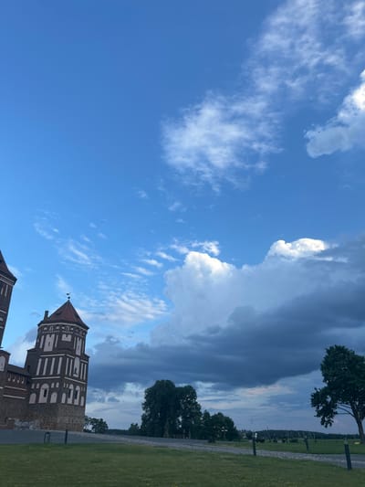 The image shows a view of the Mir Castle Complex, a UNESCO World Heritage site located in the town of Mir, Karelichy District, Grodno Region, Belarus. The castle, with its distinctive brick towers and crenellated walls, dominates the left side of the frame. The sky above is a dramatic mix of bright blue and dark, heavy clouds, suggesting an impending storm or the aftermath of one. Lush green grass covers the foreground, with scattered trees and some fencing visible in the middle ground. The overall impression is one of historical grandeur set against a dynamic natural backdrop.