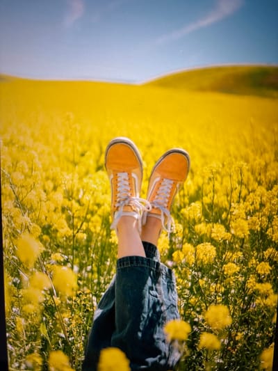 The image shows a person's legs and feet wearing orange Vans sneakers and denim shorts, relaxing in a field of yellow flowers. The person's legs are crossed, and they are leaning back, suggesting a moment of leisure and peace. The background is filled with the vibrant yellow of the flowers, which appear to be rapeseed or canola, indicating a rural or agricultural setting. The sky is a soft blue with some wispy clouds, hinting at a pleasant day. The lighting suggests it is daytime, possibly late morning or afternoon, given the brightness of the scene. The overall mood is serene and idyllic, evoking a sense of freedom and connection with nature. The scene is likely set in Pastavy, Belarus, during the blooming season of these flowers. There is no visible text in the image.