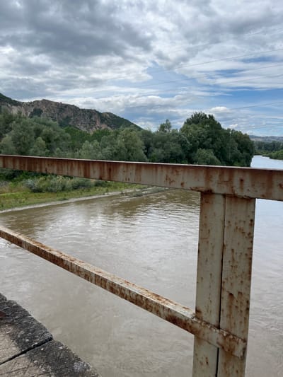 The image depicts a view of a river with muddy brown water, flowing from the distance towards the foreground. The riverbanks are lined with green vegetation and trees, with a rocky, sparsely vegetated hill rising behind the trees in the background. The sky is overcast with grey clouds. In the foreground, a rusty metal railing of a bridge is visible, with concrete structures at the bottom left corner. There are no people or animals present in the scene. The photograph appears to have been taken from a bridge overlooking the river. The location is identified as General Todorov, Bulgaria.