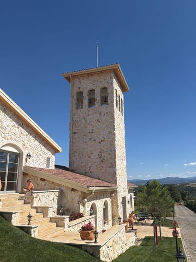 A wide, low-angle, outdoor, daytime photograph shows a stone building with a bell tower, a clear blue sky, and a verdant landscape. The building, constructed with light-colored, rough-hewn stones, features a prominent bell tower on the right and a steeply sloped roof covered in red tiles. The bell tower has three arched openings on each visible side, revealing the dark interiors and what appear to be bells. The main building has large, arched windows and a grand staircase with multiple landings and ornate lampposts. A young boy in an orange shirt is sitting on the steps of the staircase. In front of the building, there are clay pots with flowers, outdoor seating with tables and chairs, and a cobblestone pathway leading into the distance. The background consists of rolling hills covered in trees, suggesting a rural or semi-rural location. The building appears to be part of a winery or a similar establishment, potentially located in the municipality of Kocherinovo, Bulgaria, given its architectural style often found in the region.