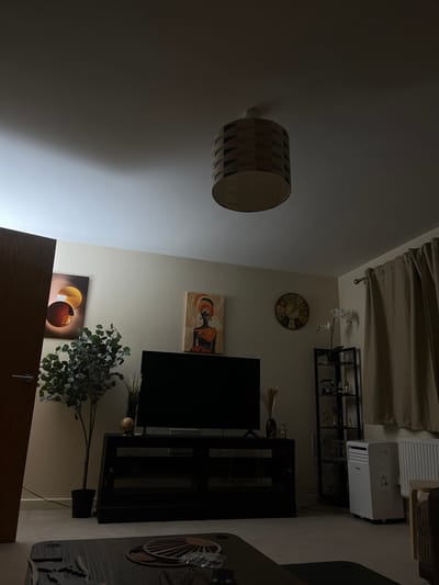 This image depicts the interior of a residential living room in Stevenage, United Kingdom, under dim, ambient illumination. The walls are painted a light, neutral color. Centrally positioned is a large, dark-screen television resting on a black media console. Above the console, a framed artwork portraying an African woman wearing a headwrap is mounted. To the left of this, another framed abstract artwork with circular motifs in brown and orange tones is visible. A multi-colored wall clock with Roman numerals hangs to the right of the central artwork.
A faux plant in a black pot stands to the left of the television setup. In the far right corner, a black metal shelving unit holds various decorative items, including a potted orchid. A white portable air conditioning unit or dehumidifier is positioned adjacent to a white radiator on the right wall, which is partially obscured by light brown curtains hanging from a metal rod. A wooden door is partially visible on the far left. In the immediate foreground, a dark rectangular coffee table holds several circular decorative coasters. The ceiling features a cylindrical drum lampshade. No individuals are present, and no active interactions or specific actions are discernible within the scene.