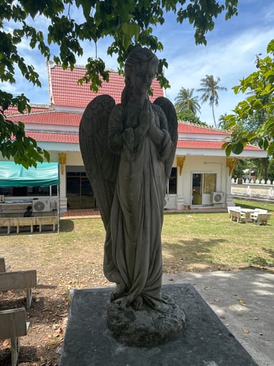 An outdoor, medium shot captures a weathered stone statue of an angel with clasped hands and wings in a garden setting. The statue is positioned in the foreground, centered, and appears to be made of concrete or a similar material, showing signs of age and weathering. The angel is dressed in a draped robe. Behind the statue, a white building with a red tiled roof is visible. The building has large windows and doors, and air conditioning units are mounted on its exterior. Palm trees and lush green foliage surround the building, suggesting a tropical location. The ground in front of the building is covered in green grass and scattered fallen leaves. In the middle ground, to the left of the building, there is a temporary green awning over a table with what appears to be food or offerings. A person is seated near an air conditioning unit under the awning. To the right of the building, white stone benches and a table are arranged on the lawn. The sky above is a bright blue with scattered white clouds. The overall environment suggests a tranquil outdoor space, possibly part of a religious or memorial site in Baan Tha Po, Thailand.