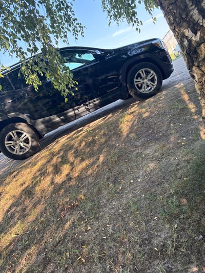 A black GMC Terrain SUV is parked on a dirt road with sparse vegetation under a clear blue sky. The vehicle is angled towards the left, with its front half visible. A tree branch with green leaves overhangs the front of the car, casting dappled shadows on the road and ground. To the right of the car, a large tree trunk is partially visible in the foreground. In the background, there is a building with light-colored walls and a dark roof, and another vehicle parked on the road. The ground is a mix of dirt, dry grass, and fallen leaves.