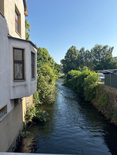 This is a photograph of the Elde River in Parchim, Germany. The river flows from the background towards the foreground, its dark water rippled by the current. On the left side of the river, a building with a light-colored textured facade is visible, jutting out over the water. The building has several windows with dark frames and a stone foundation. Dense green foliage and trees line the right bank of the river, interspersed with a stone wall and a gray fence. In the background, more trees and the roof of a structure are visible under a clear blue sky. The sun is shining, casting shadows and illuminating the scene.
