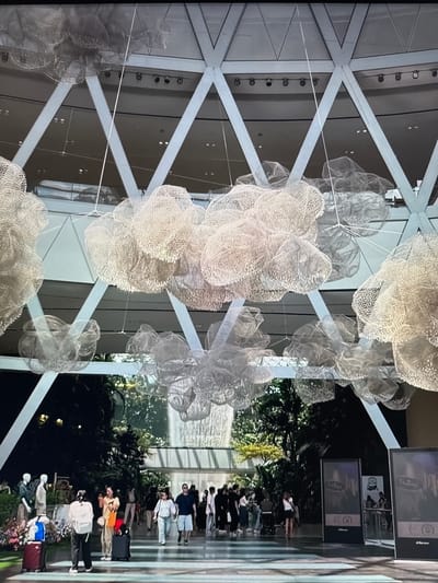 This image captures a well-lit interior space, likely a public building such as an airport or shopping mall, featuring a striking architectural design with a large, geometric ceiling structure composed of white triangular beams. Suspended from the ceiling are several large, cloud-like art installations made of a translucent, mesh material, casting intricate shadows.

Below the art installations, a diverse group of people are visible, engaged in various activities. Some are walking, others appear to be standing and conversing, and a few are accompanied by luggage, suggesting travel. A lush indoor garden or display area with dense foliage and flowers is situated behind the people, adding a natural element to the man-made environment. The flooring appears to be polished and reflective, contributing to the overall brightness of the scene.

Digital displays are present, featuring what look like posters or advertisements. The image does not contain any discernible elements that would place it specifically in Mokryy Chaltyr, Russia.