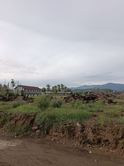 The image depicts a landscape scene in Meunasah Pupu, Indonesia, characterized by overcast skies. In the mid-ground, a long, two-story building with a red roof and numerous windows stands amidst a somewhat neglected environment. The building appears to be a communal structure, possibly a school or administrative office. To the left of the building are tall, dead trees or stilts of trees, and piles of uprooted tree trunks and debris are scattered throughout the area, suggesting recent destruction or clearing. Coconut trees are visible in the background, framing the scene. The foreground is dominated by a muddy, unpaved track with puddles of water, indicating a rural or undeveloped setting. The ground slopes upwards from the track, covered in green grass and soil banks eroded in places. In the far background, a range of low mountains is visible beneath the cloudy sky. The overall impression is one of a rural area that has undergone some form of environmental disturbance or is in a state of disrepair. There are no people or animals visible in the image.