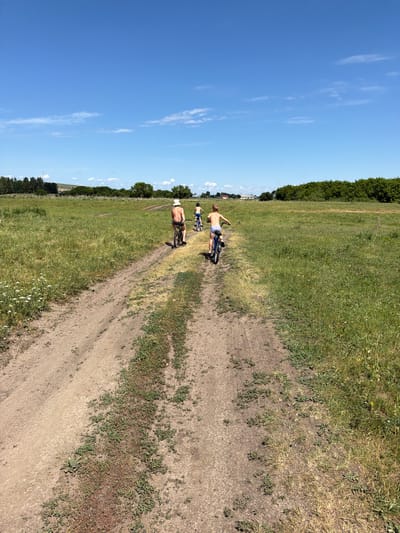 The image depicts a sunny day in Zelenyi Dol, Russia, with a clear blue sky and scattered white clouds. The scene is dominated by a vast grassy field, with a dirt path winding through it. A line of dense green trees marks the horizon.
In the middle ground, two individuals are riding bicycles on the dirt path. The person in front is wearing a white hat and dark shorts, while the person behind them is wearing blue shorts. Both appear to be riding small, blue bicycles. The overall mood seems relaxed and casual, suggesting a recreational activity on a pleasant day. The sunlight indicates it is daytime, likely late morning or early afternoon. The green foliage and clear sky suggest a warm, summer day. There is no visible text in the image.
