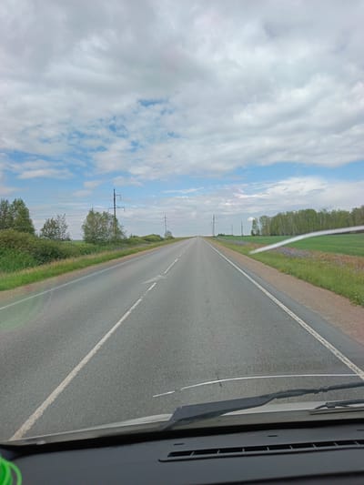 The image captures a view from inside a vehicle, looking out onto a straight asphalt road extending into the distance under a partly cloudy sky. The road has white dashed lines marking the lanes. To the left of the road, there is a grassy verge with scattered bushes and trees, and further back, a row of power line poles. To the right, the road borders a green field with patches of purple wildflowers and a line of trees in the far distance. The foreground shows the vehicle's dashboard and windshield wipers. The scene appears to be a rural or semi-rural landscape in Kovriga, Russia.