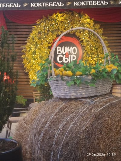 The image captures a rustic display featuring a large bale of hay in the foreground, serving as a base for a woven basket filled with yellow citrus fruits and artificial greenery. Behind the basket, a large, circular decoration adorned with yellow lights is visible, set against a backdrop of horizontally paneled wooden walls and a red draped fabric. The top of the scene shows text with Cyrillic lettering, partially obscured. On the far left, a dark green conifer tree stands prominently. The bottom right corner of the image displays a timestamp: "29.06.2026 20:39." The overall setting appears to be an outdoor or semi-outdoor decorative arrangement, potentially for an event or establishment. The city of Kiparisnoe, Ukraine is not explicitly depicted or implied by any visual elements in the image.