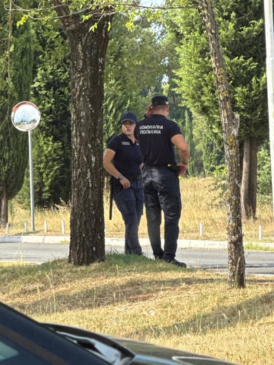 Two individuals, dressed in dark blue uniforms with a cap and black pants, appear to be police officers. One officer is standing and the other is sitting. The standing officer has their back to the camera, with their hands on their hips. The sitting officer is facing away from the camera, looking down. The text "КОМУНАЛНА ПОЛИЦИЈА" is visible on the standing officer's shirt, which translates to "Municipal Police".

The scene is outdoors, with trees and grass dominating the background. There is a road with a sidewalk visible. The lighting suggests it is daytime, likely sunny given the shadows. The overall mood is neutral. The presence of a traffic mirror on a pole provides a specific detail about the location. The context provided indicates the location is Golubovci, Montenegro. The car in the foreground suggests a street or parking area.