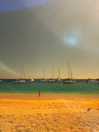A horizontal shot of a beach scene under a hazy sky. The right side features a sandy beach with footprints, extending towards the water. The sea is filled with anchored sailboats, their masts rising upwards. A lone person stands at the water's edge, close to the shoreline. The sky is overcast, possibly due to smoke or fog.