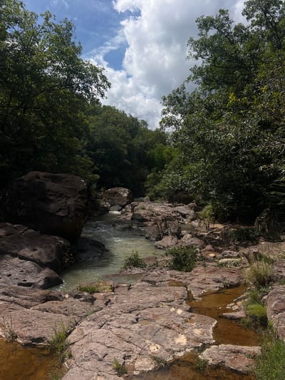 A vertical, eye-level, medium shot depicts a rocky riverbed with a winding stream flowing through it. The water is a murky greenish-brown, and the riverbed is comprised of large, rough, reddish-brown rocks, some of which are partially submerged in the water. Patches of green grass grow sporadically among the rocks. The river is bordered on both sides by dense, dark green trees and foliage, creating a sense of a secluded, natural environment. The sky above is blue with scattered white clouds, indicating a partly cloudy day. In the background, the stream continues to flow, disappearing into the dense vegetation. The overall scene suggests a remote, natural landscape, possibly a hiking or nature spot. This image is situated in the municipality of Arambala, El Salvador. There are no people or animals visible in the image.