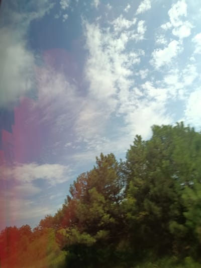 The image captures a scenic view of a sky filled with scattered white clouds against a blue backdrop. In the foreground, a dense line of green trees stretches across the frame, their foliage appearing somewhat blurred due to motion. The overall impression is that of a landscape seen from a moving vehicle, likely on a clear day. The scene is consistent with the natural scenery found in and around Zimbreni, Moldova, which is characterized by its lush vegetation and open skies. There are no people or specific man-made structures clearly visible in this particular frame.