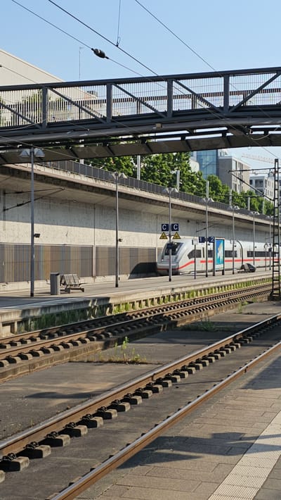 The image shows a train station platform in Neu-Ulm, Germany, on a sunny day. In the foreground, multiple train tracks run parallel to each other, some appearing slightly weathered. The platform itself is paved with textured tiles, with a tactile warning strip along the edge. A concrete retaining wall runs behind the platform, lined with vertical grating and occasional lamps. A single bench and a trash bin are situated on the platform.
Further down the platform, a modern, white and red-striped high-speed train is stopped. It displays signage with "C C" and numbers "1 2". Behind the train, more buildings and greenery are visible. An elevated walkway or bridge with a metal railing spans across the top of the image, with electrical wires for the train running underneath. The sky is clear and blue. There are no people visible in the image.